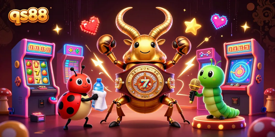 qs88 slot reels ignite excitement with a golden stag beetle boxing champion in a vibrant scene.