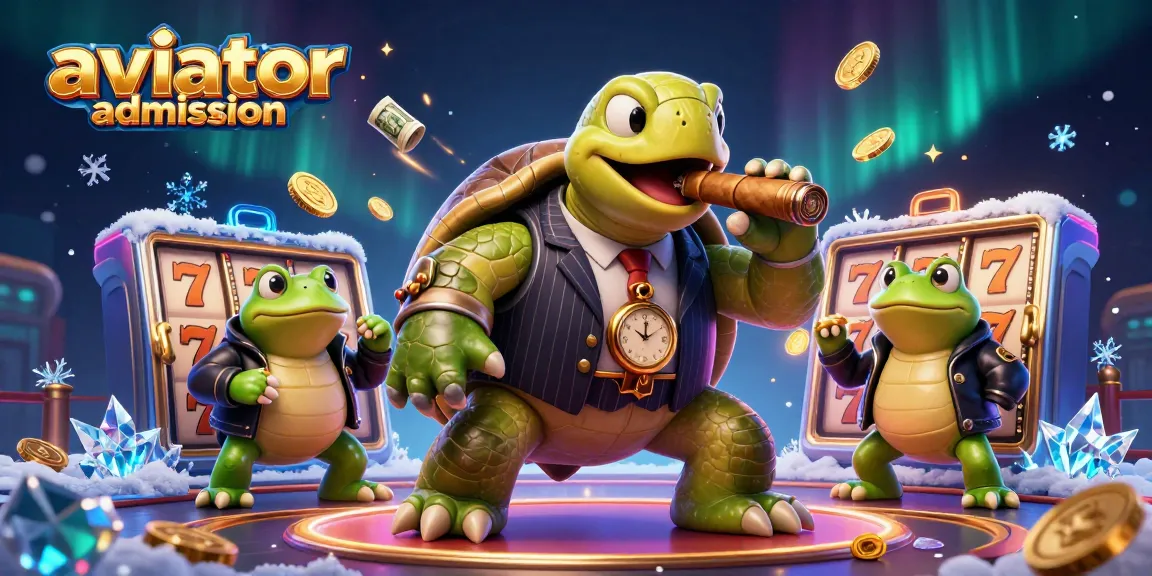 Aviator admission game featuring a snapping turtle in a suit surrounded by slot elements and vibrant casino lights.