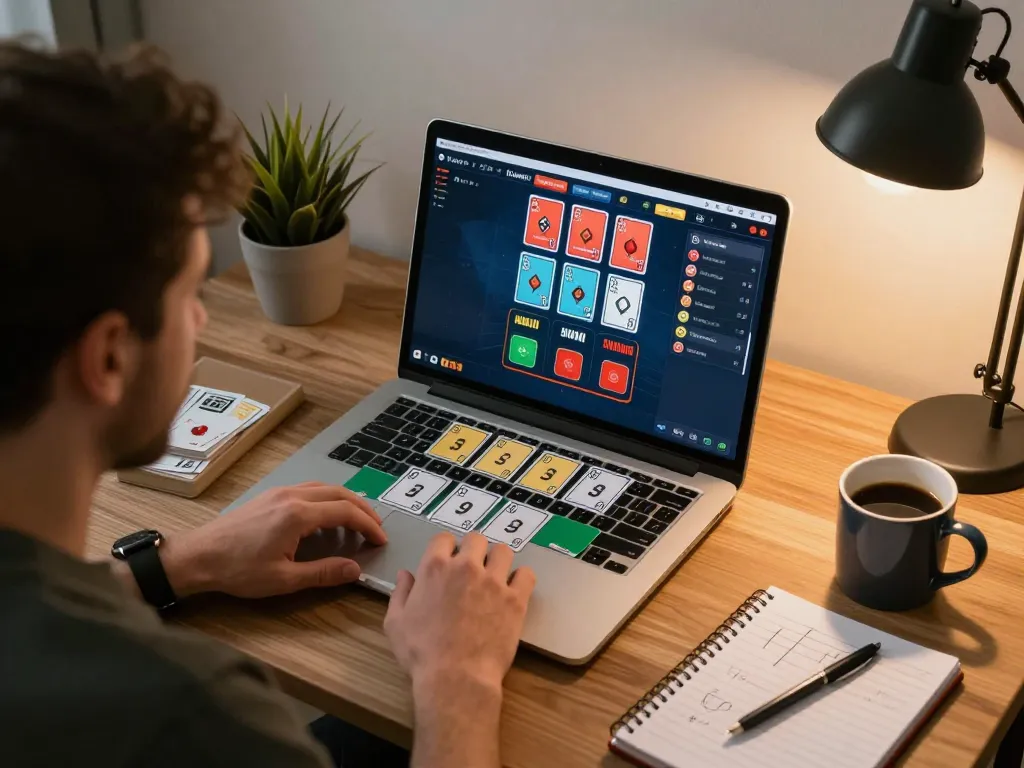 Engaging online blackjack game at mb88 casino with cozy home setup and strategic gameplay