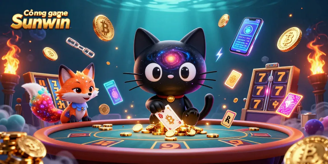 Cổng game Sunwin captivates players with a vibrant cosmic casino featuring a black hole cat and nebula fox.