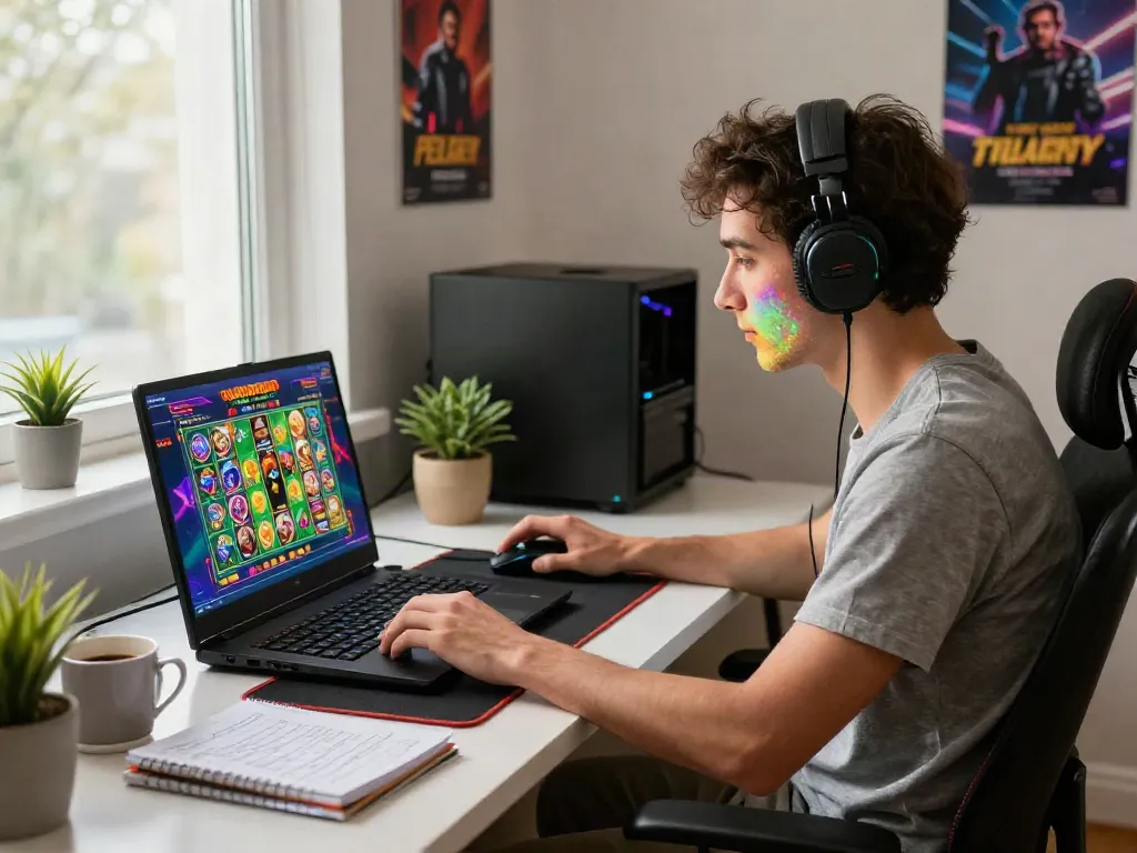 A young gamer engaged in online gaming, illuminated by vibrant slot game graphics, in a stylish home office environment with a casual desk setup.