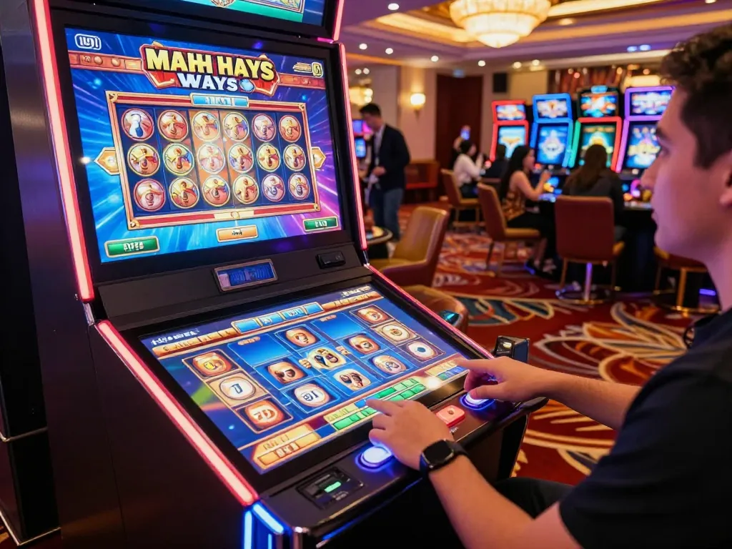 Situs Tempo123 player interacting with Mahjong Ways game interface at a stylish casino