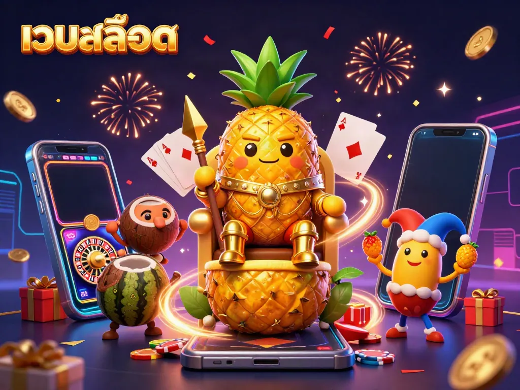 Engage with เว็บสล็อต in a vibrant 3D casino scene featuring a pineapple king and gold coins.