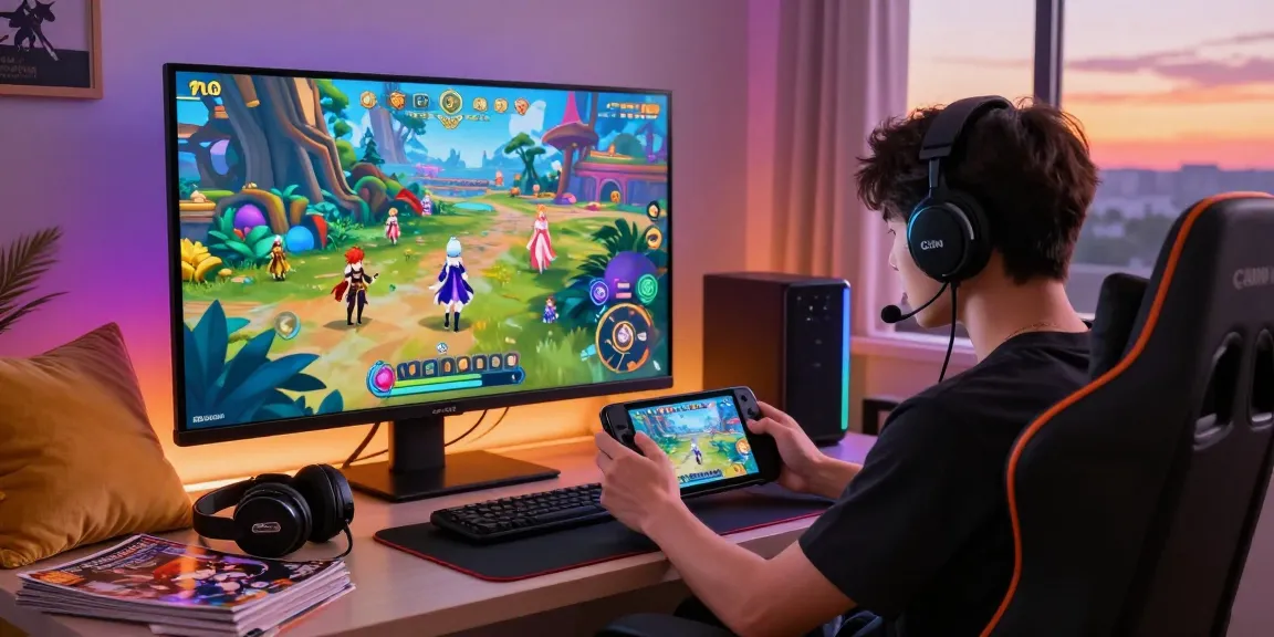Engaging character playing a hentai game on a portable device in a cozy gaming nook.
