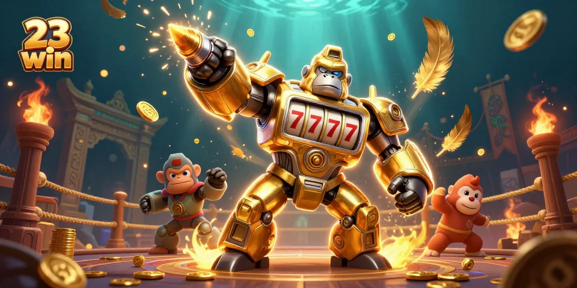 Engage with 23 win in this vibrant 3D illustration featuring a golden gorilla mech and exciting slot elements.