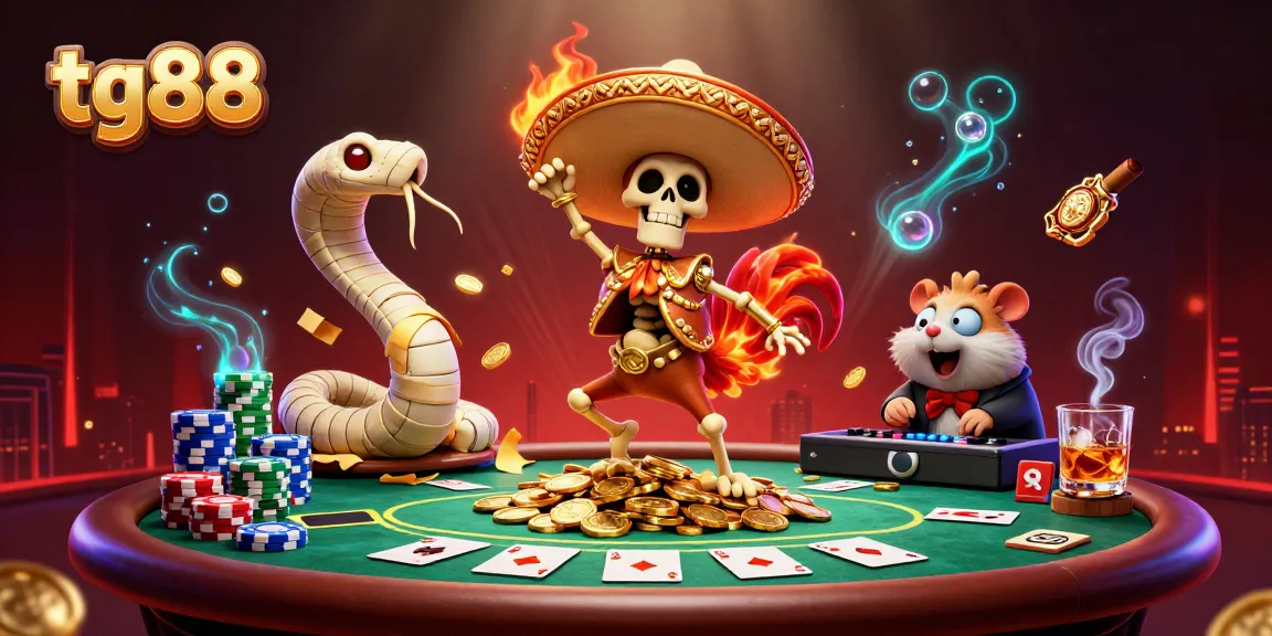 Join tg88's lively casino scene with a cartoon rooster celebrating over golden coins and poker chips.