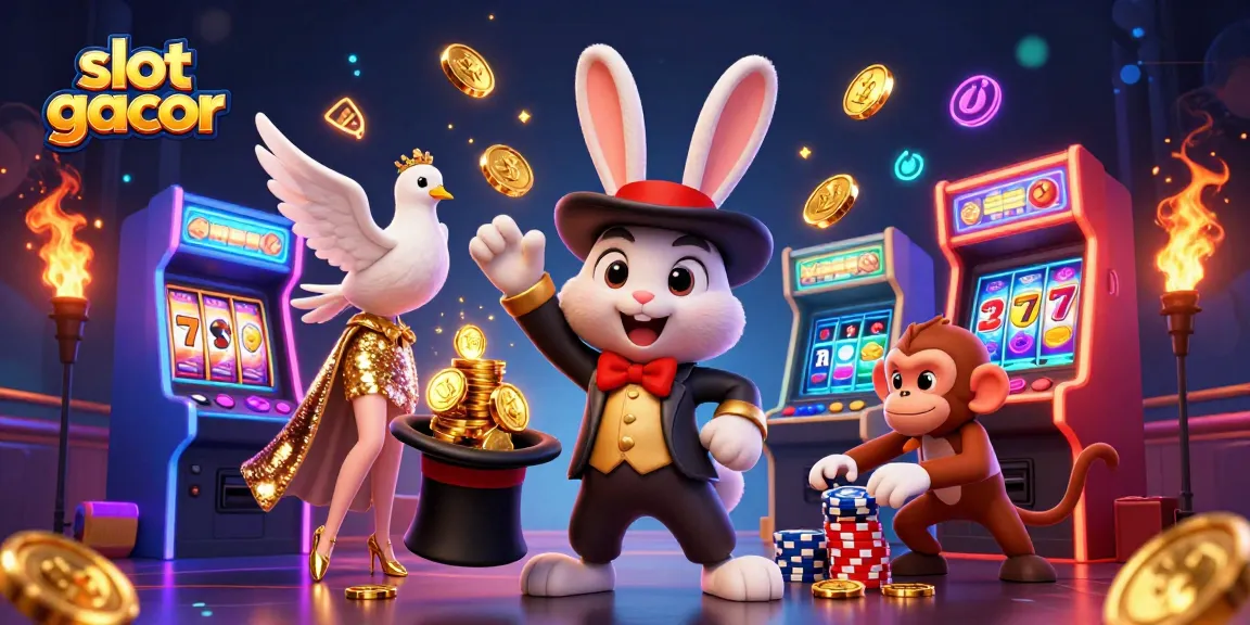Slot gacor dengan karakter sihir menarik koin emas, wajah penuh kegembiraan.