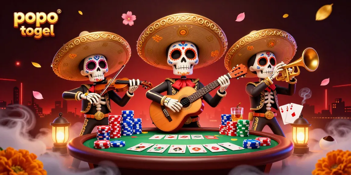 Engage in thrilling popo togel action with lively mariachi skeletons amidst poker excitement.