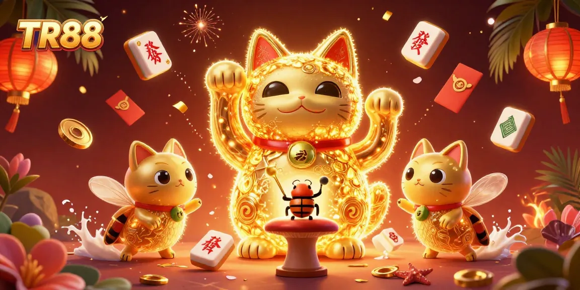 Experience the enchanting TR88 lucky cat in a vibrant casino scene filled with floating symbols.