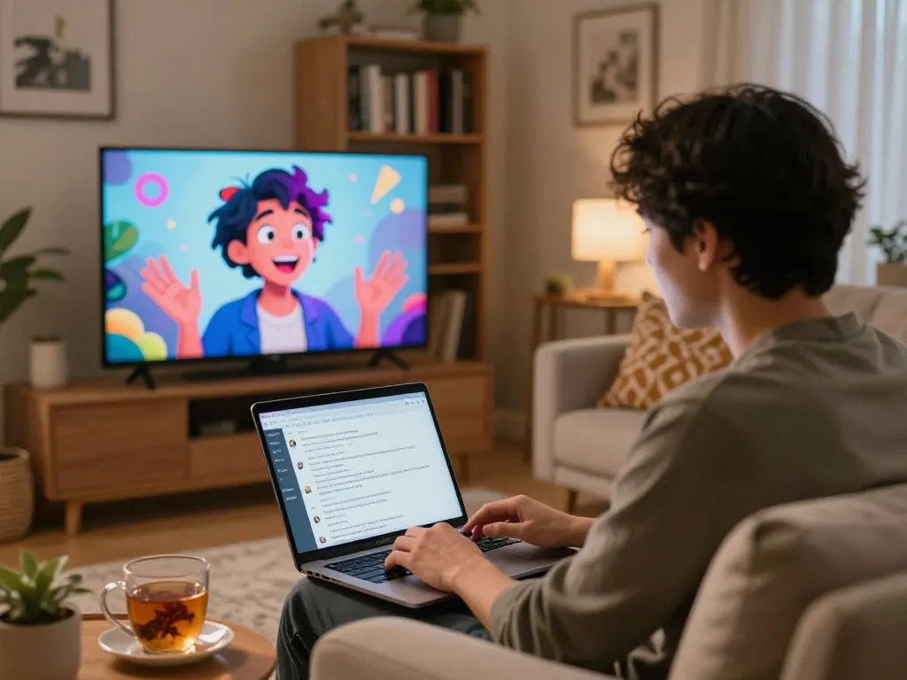 Engaging in 18+ ai chat with animated character in a cozy living room setting