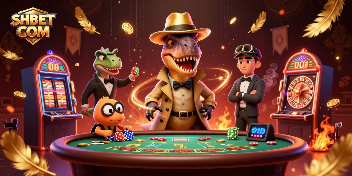 Experience thrilling gameplay at SHBET COM with a 3D velociraptor card counter at a blackjack table.