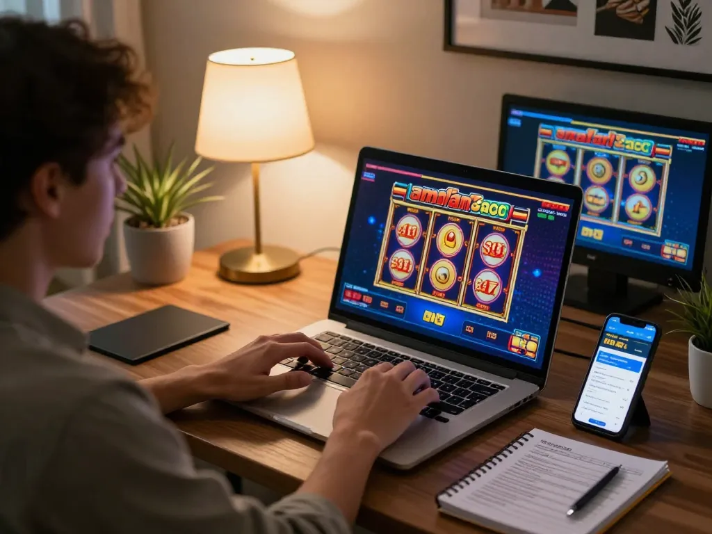 Seorang pengguna menikmati aman788 slot gacor di beberapa layar, menekankan permainan online strategis dalam lingkungan yang nyaman.