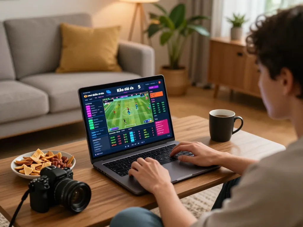 Kèo nhà cái 5 odds displayed on a laptop during an engaging sports betting session at home.