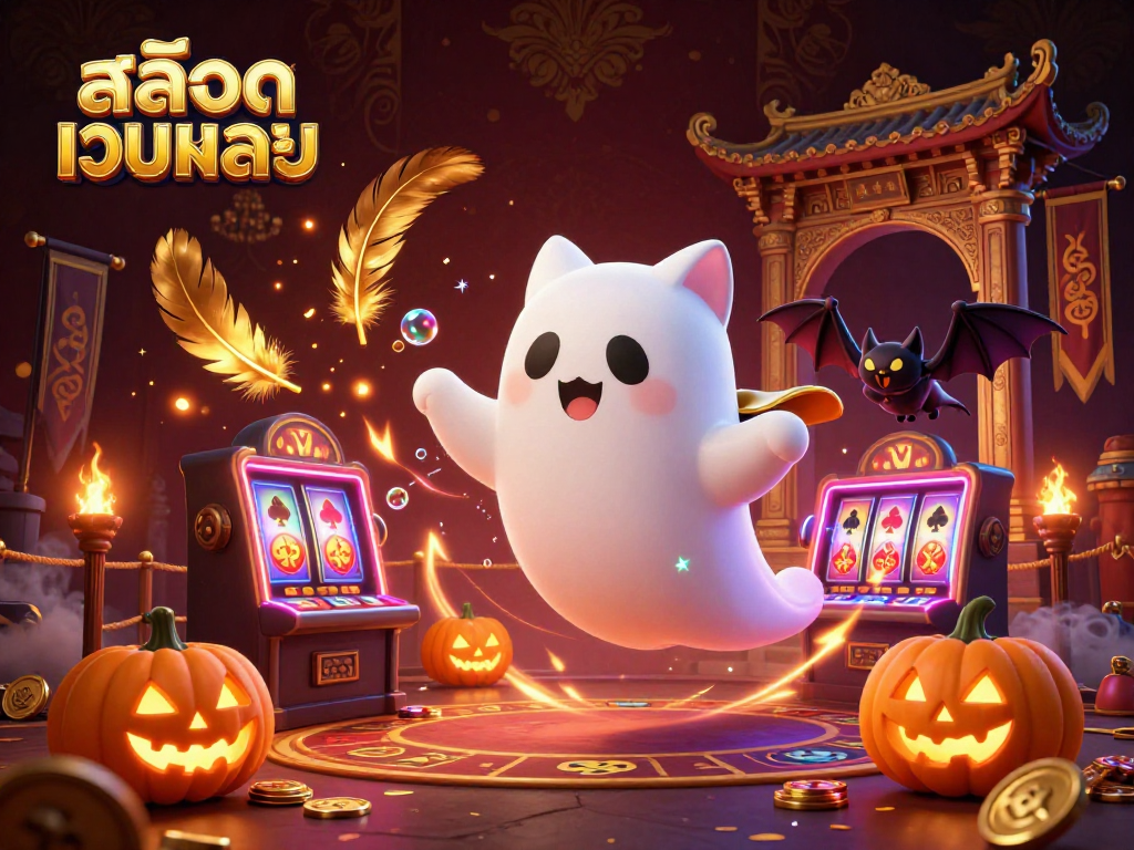 Engage in สล็อตเว็บตรง gameplay with a friendly ghost cat in a haunted casino, illuminated by jack-o-lanterns and glowing effects.