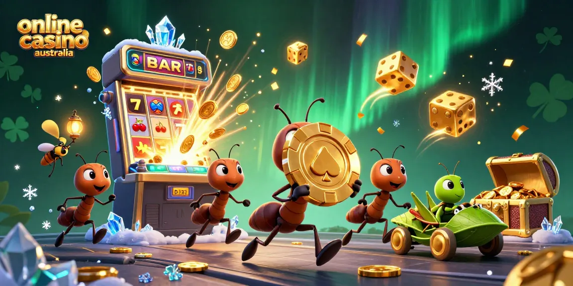 Experience excitement at the online casino australia with ants heisting a golden chip in a vibrant 3D scene.