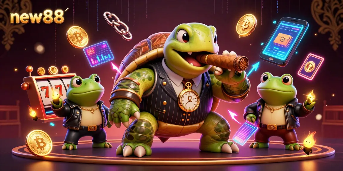 Experience new88's vibrant casino atmosphere with a lively snapping turtle and bullfrog enforcers surrounded by slot reels.