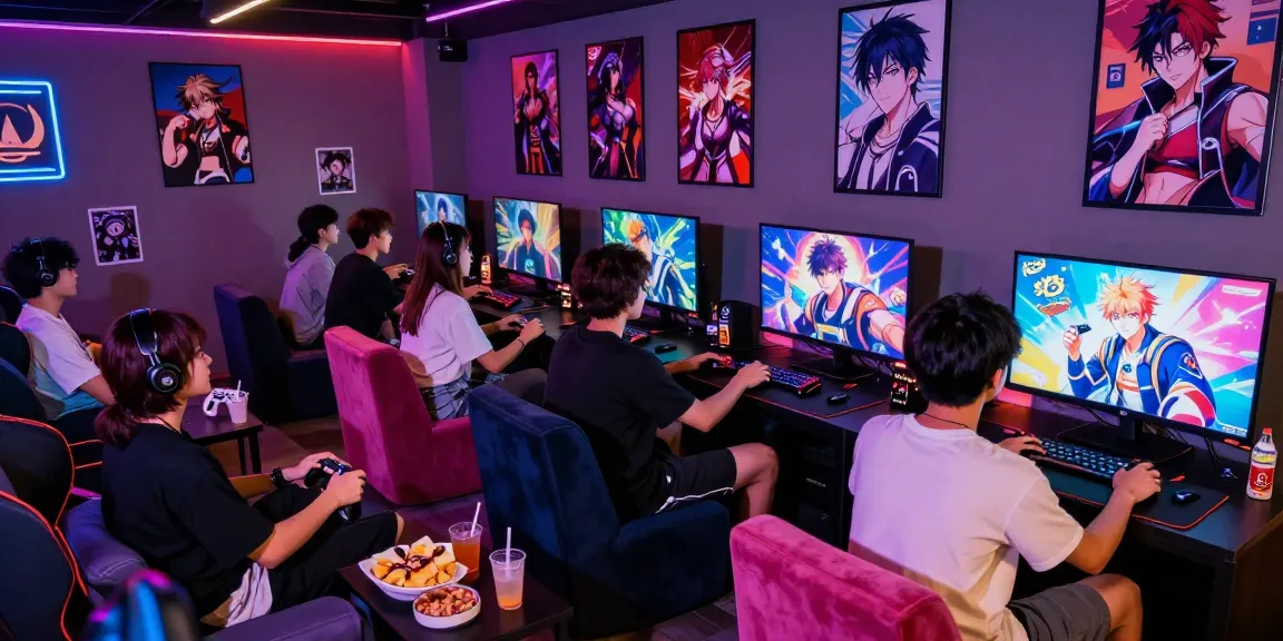 Engaged gamers playing a gay hentai game in a vibrant lounge setting.