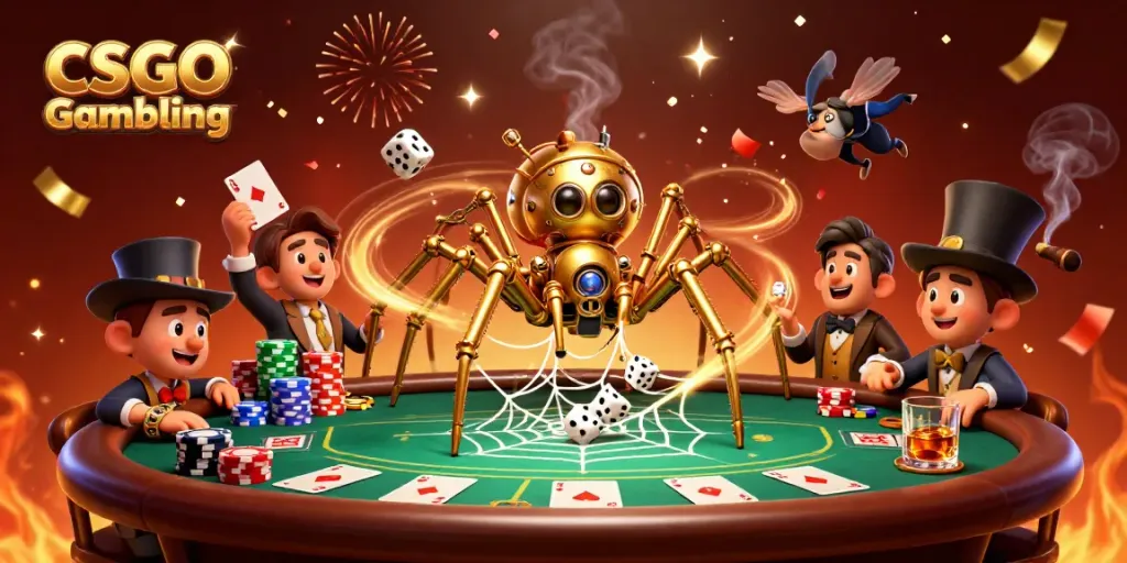 Engage in CSGO Gambling with a steampunk spider capturing dice in its web amidst vibrant casino elements.
