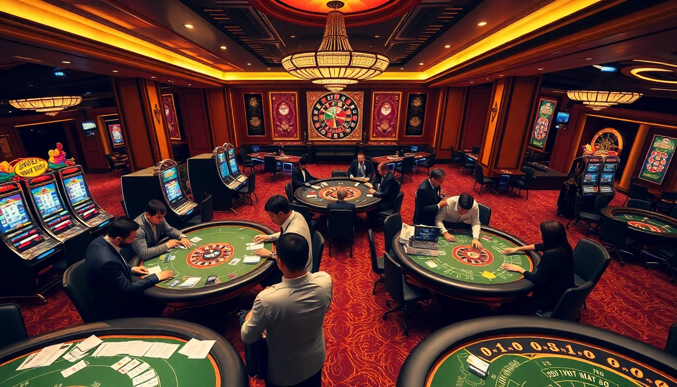 Engage with Đăng Ký Nhà Cái 68VIP in a luxury casino setting showcasing vibrant tables and excited gamblers.