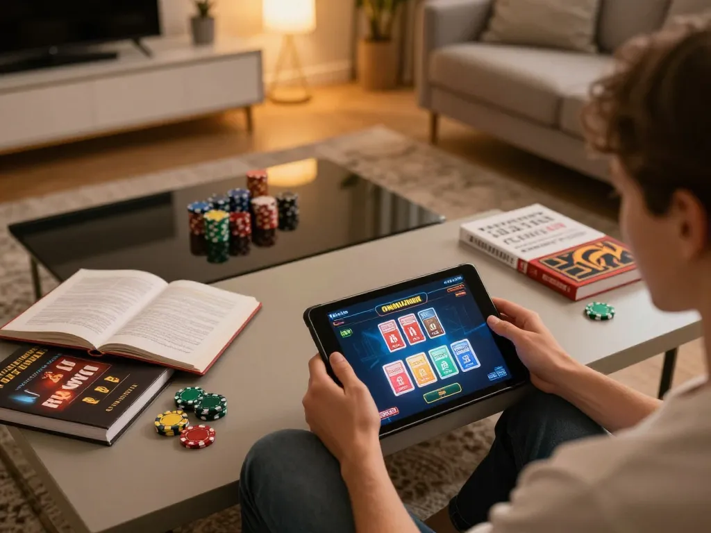 Person enjoying rik vip online gaming on a tablet in a cozy living room.