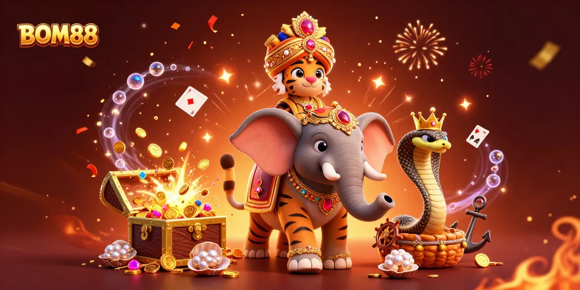 Experience BOM88's thrilling online gaming with a vibrant 3D scene featuring a maharaja and dynamic casino elements.