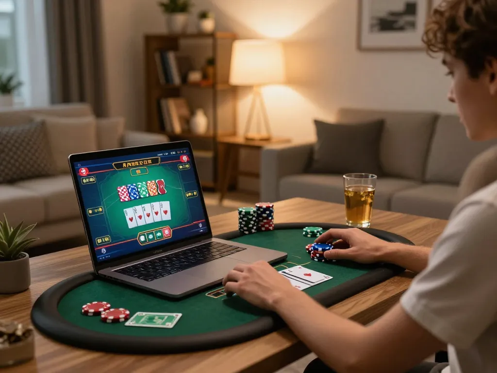 Engaging in online poker gameplay on gnk88 at a cozy home setup