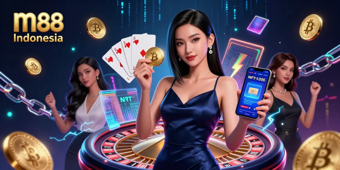 M88 Indonesia menampilkan seorang wanita percaya diri di dalam suasana kasino dengan elemen digital yang menyoroti keseruan permainan.