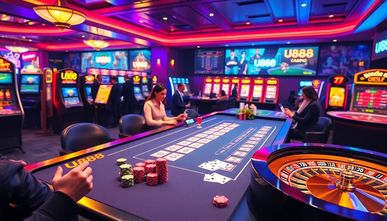 Engage in thrilling gameplay with U888's casino atmosphere featuring vibrant poker tables and slot machines.