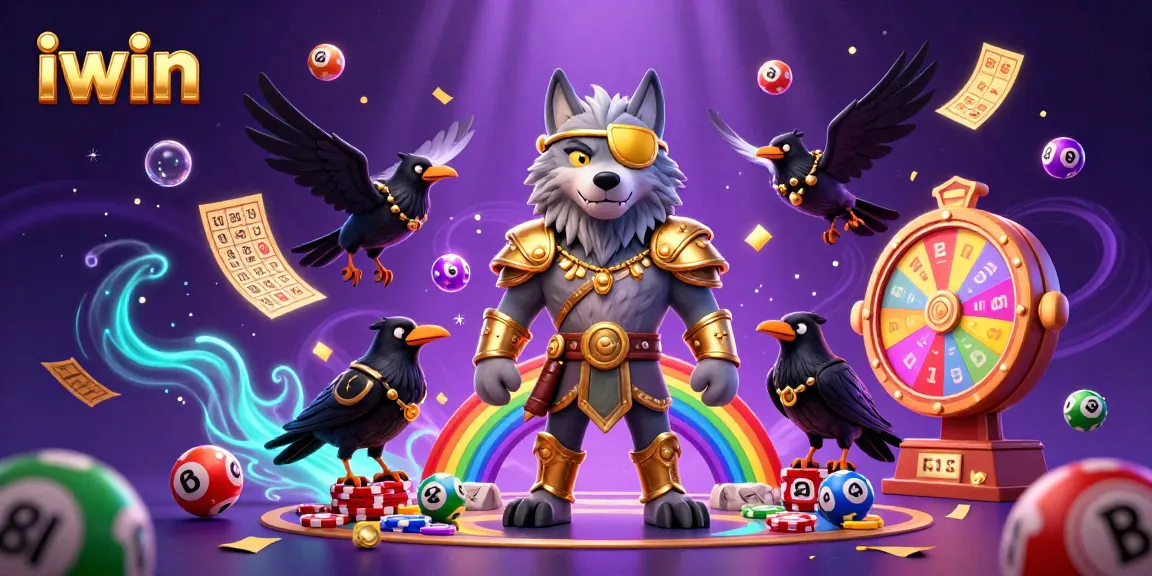 Play dynamic iwin lottery games amid vibrant casino-themed elements and Norse mythology character.