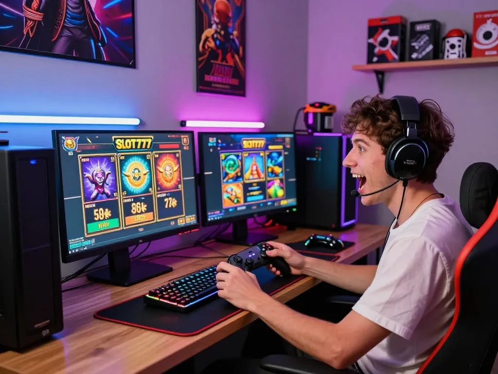 Pemain yang terlibat menikmati permainan slot777 gacor dalam pengaturan gaming yang imersif dengan lampu LED berwarna-warni dan layar dinamis.