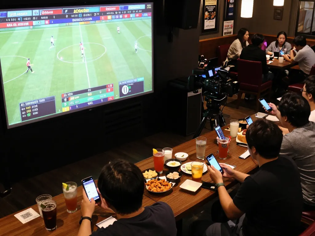 Patrons engaging in live sports betting while watching a game on f168.osaka app at a lively sports bar