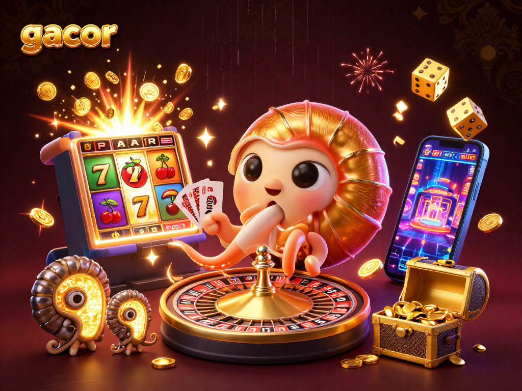 Experience gacor slot excitement with a 3D illustration of a giant nautilus as a roulette wheel, and card hands.