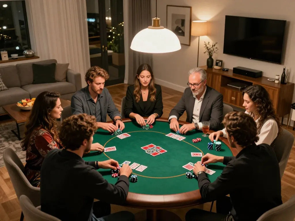 A lively home poker night scene with friends enjoying cards and chips, highlighting aman788 slot gacor gaming strategy.