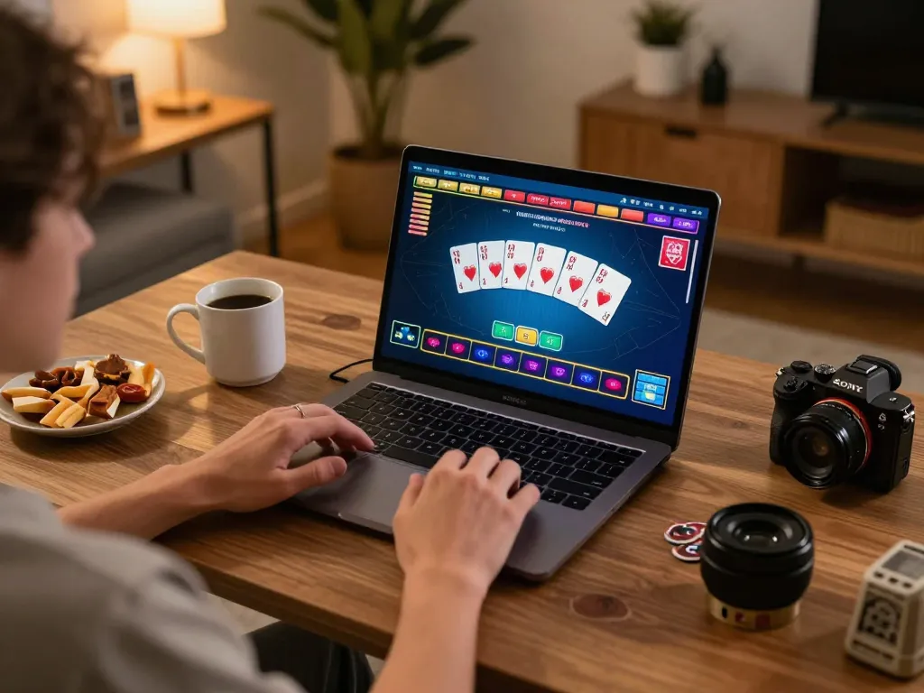 Seseorang sedang merencanakan strategi di kasino online bermain aman788 slot gacor di laptop dengan camilan dan minuman di dekatnya.