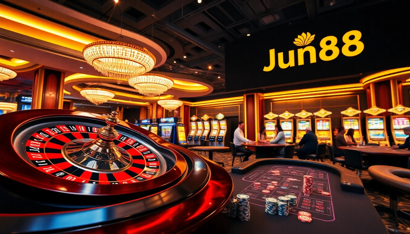 Experience thrilling gaming moments at Jun88 casino, featuring a lively roulette wheel and poker tables.