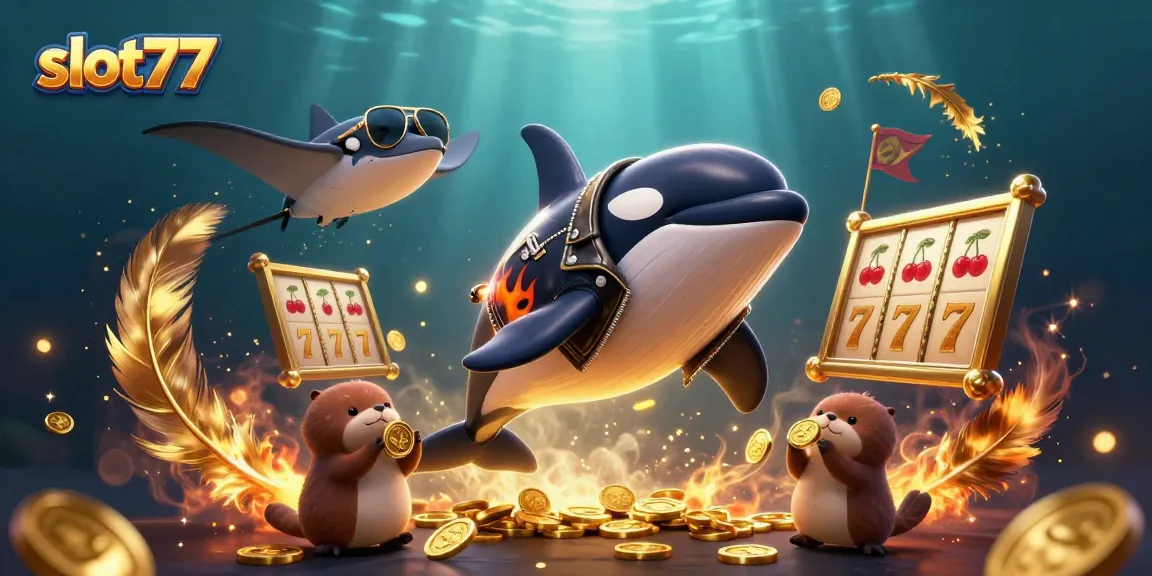 Spin slot77 reels with playful sea creatures celebrating jackpots and golden coins.