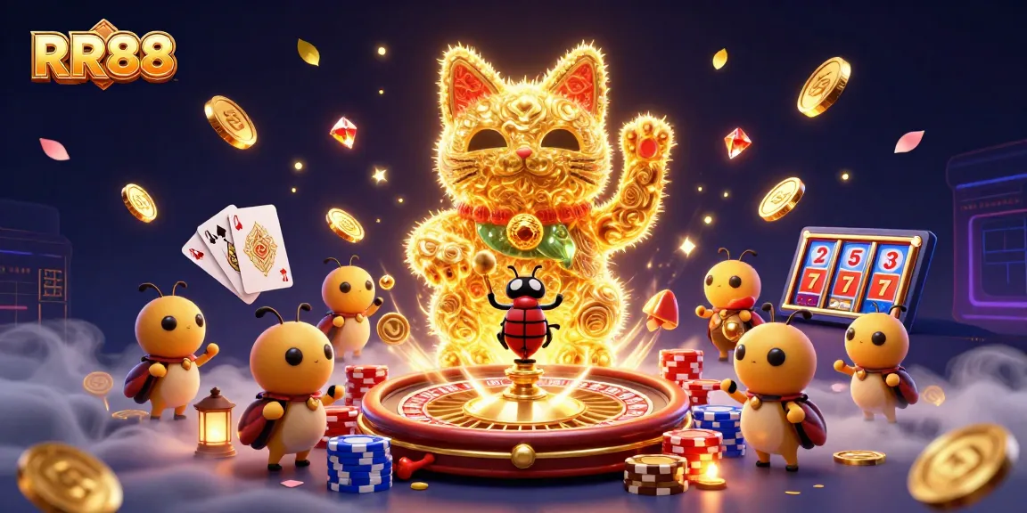 Experience thrilling gameplay at RR88 with an enchanting giant lucky cat amidst a dazzling casino scene.