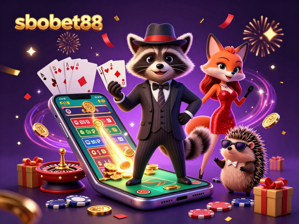 Experience thrilling sports betting with sbobet88 through an exciting 3D illustration of a charming raccoon holding a royal flush.