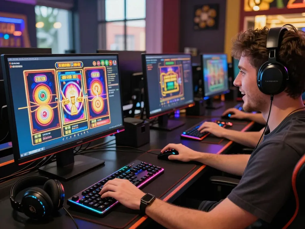 Player engaged in an exciting gaming session featuring link gacor slots and vibrant visuals in a colorful gaming setup.