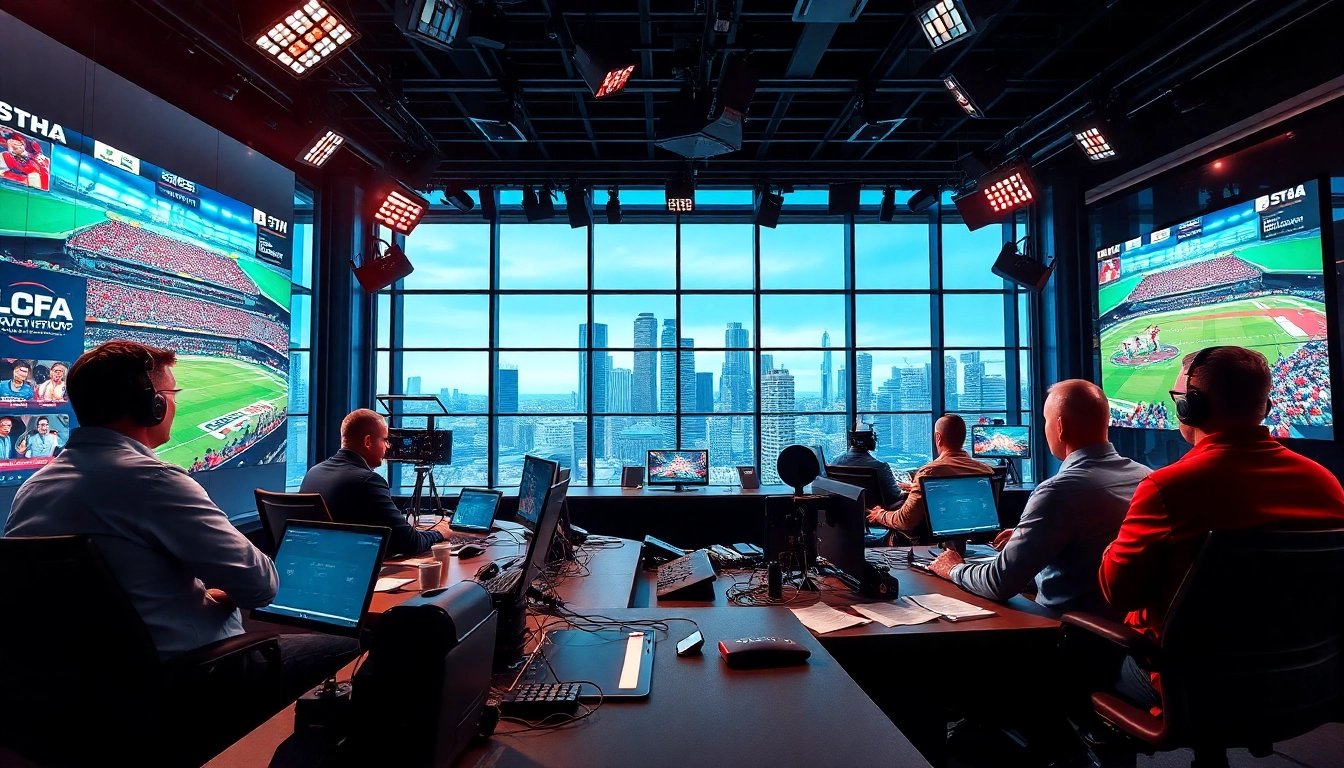 Dynamic sports broadcasting studio with commentators live on air, highlighting Sports Broadcasting.