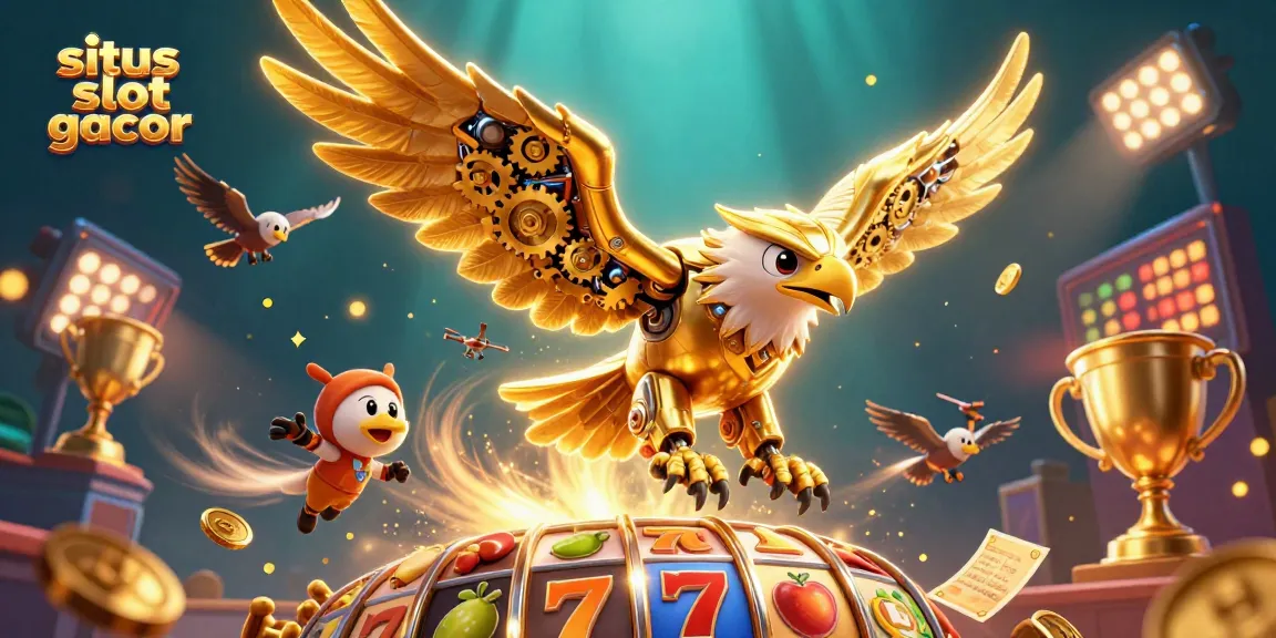Permainan situs slot gacor dengan simbol slot dan burung elang robotik yang menarik perhatian.