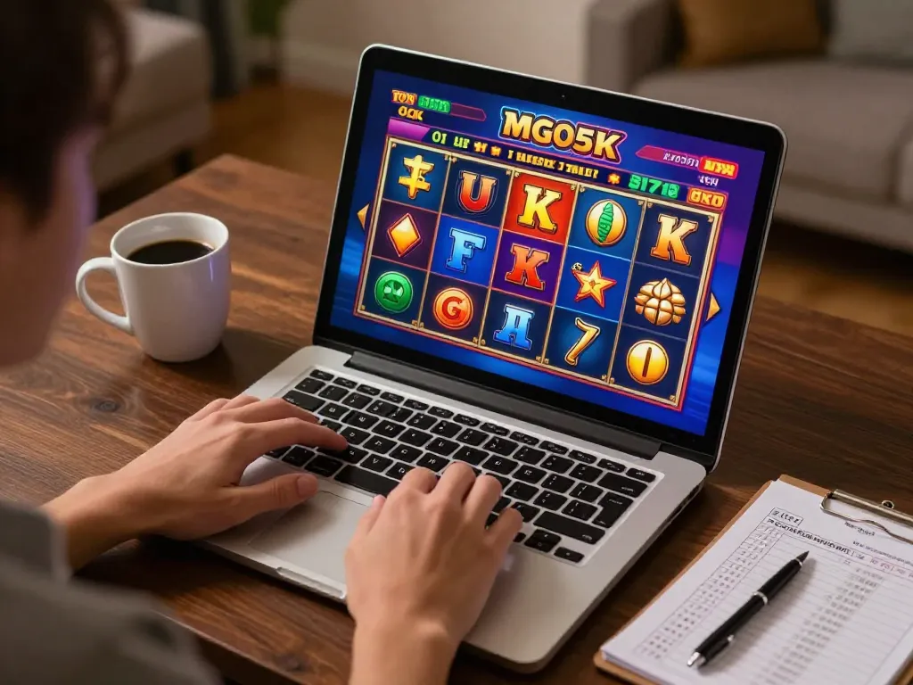 Player engaging with slot depo 5k online gaming interface, showcasing spinning reels and bankroll strategy notes.