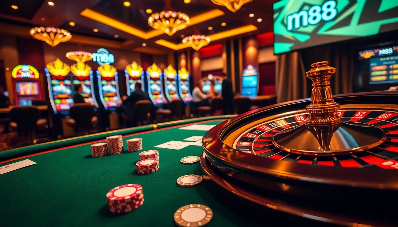 Players enjoying a vibrant m88 online casino experience with poker chips and roulette.
