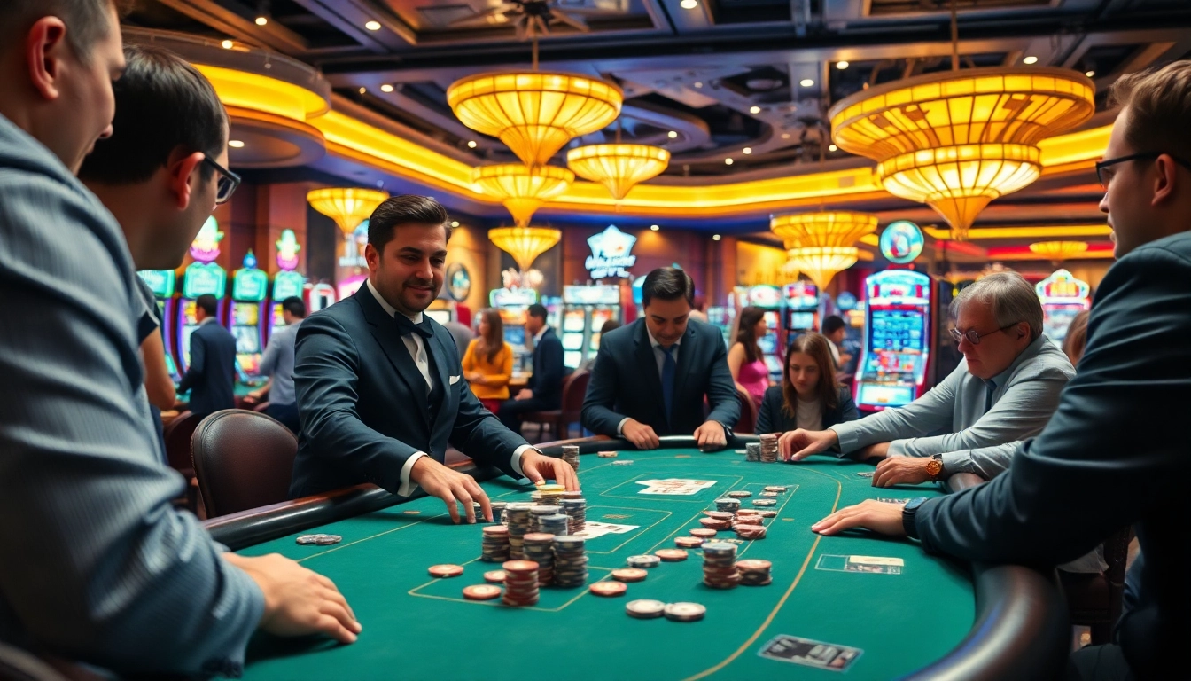 Menggambarkan ARAHTOGEL dalam suasana kasino yang meriah saat dealer bermain dengan pemain.