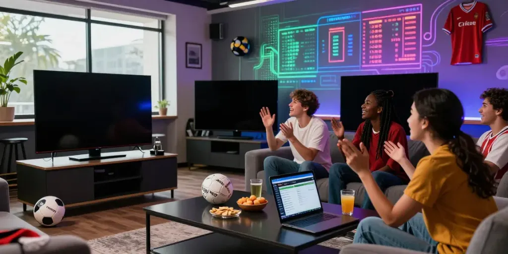 A lively sports betting scene with friends enjoying a live sports event, showcasing Lithuania sportsbook reviews in a modern lounge.