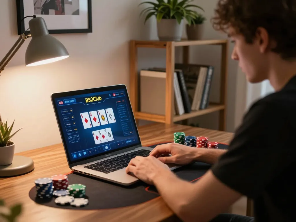 Người chơi B52club đang lập chiến lược trong một trò chơi poker online thú vị tại nhà.