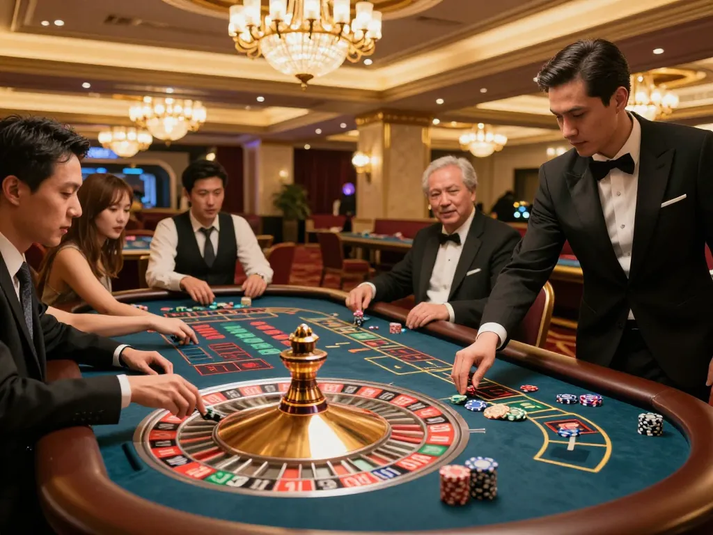 Players engaging in strategic betting at Nhà Cái 5679 roulette table in a vibrant casino atmosphere.