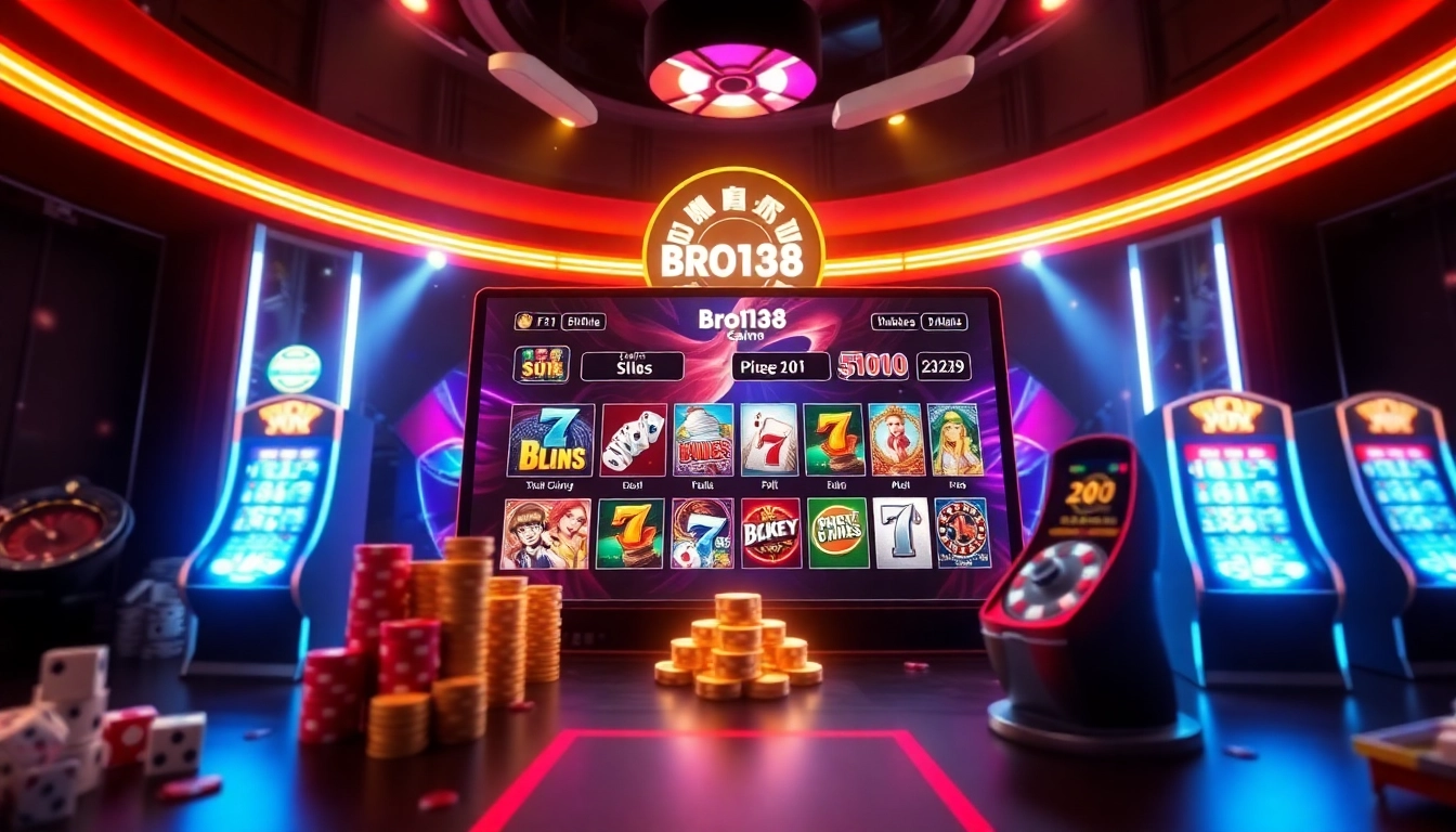 A vibrant online gambling scene featuring the bro138 platform, showcasing slot games and casino elements.
