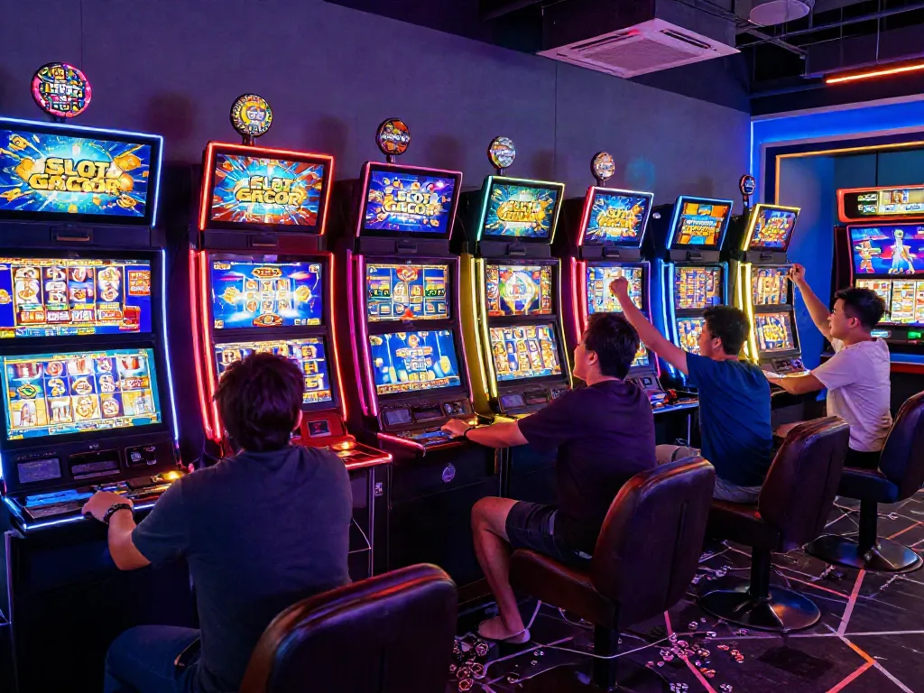 SLOT GACOR players enjoying an exciting gaming atmosphere with vibrant machines.