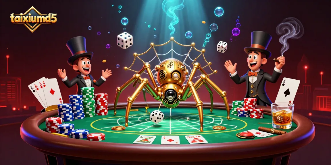 Engage in thrilling gameplay at taixiumd5, featuring a dynamic poker scene with intricate characters and vibrant casino elements.